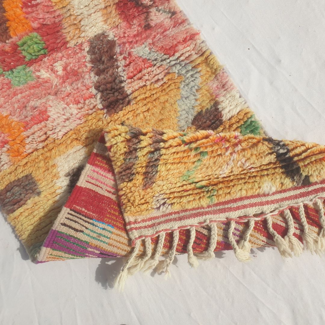 Tayrya - Slim Red and Mustard Moroccan Runner Rug with Scattered Symbols and Colourful Marks - Handwoven Berber Carpet | 2'2"x10'6" Ft | 68x322 cm