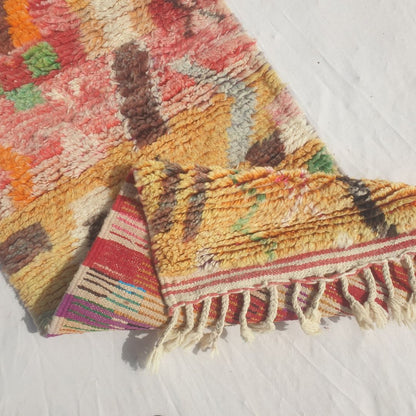 Tayrya - Slim Red and Mustard Moroccan Runner Rug with Scattered Symbols and Colourful Marks - Handwoven Berber Carpet | 2'2"x10'6" Ft | 68x322 cm