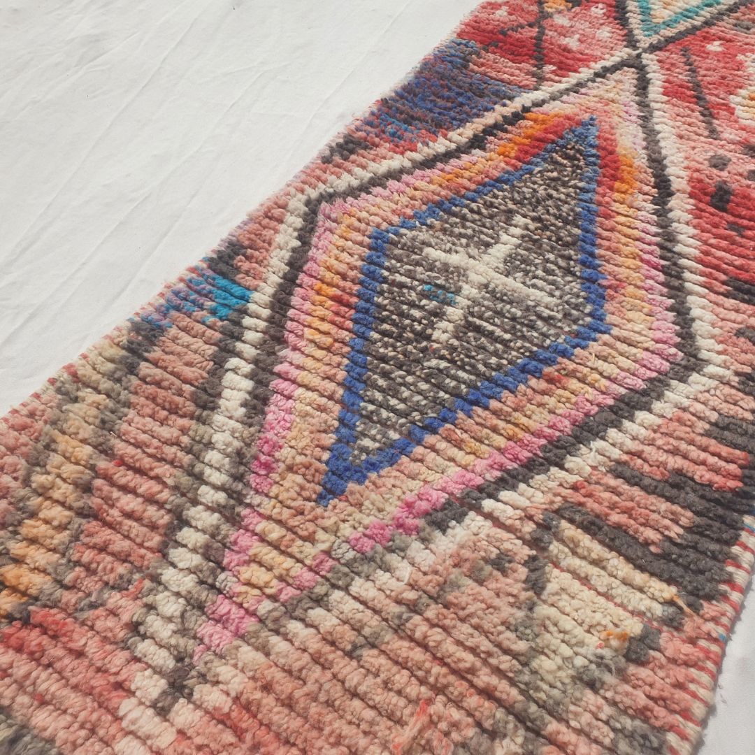 Jamasa - Vibrant Red, Turquoise and Pink Moroccan Runner Rug with Large Nested Diamond Medallions - Handwoven Berber Carpet | 2'2"x10'6" Ft | 68x320 cm