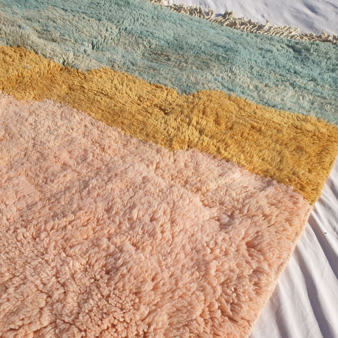 Luvme - Luxurious 6x10 Moroccan Rug - Plush Beni Mrirt Salmon Teal Abstract Color Block Handwoven Wool Carpet | 6'7"×10' Ft | 201×304 cm