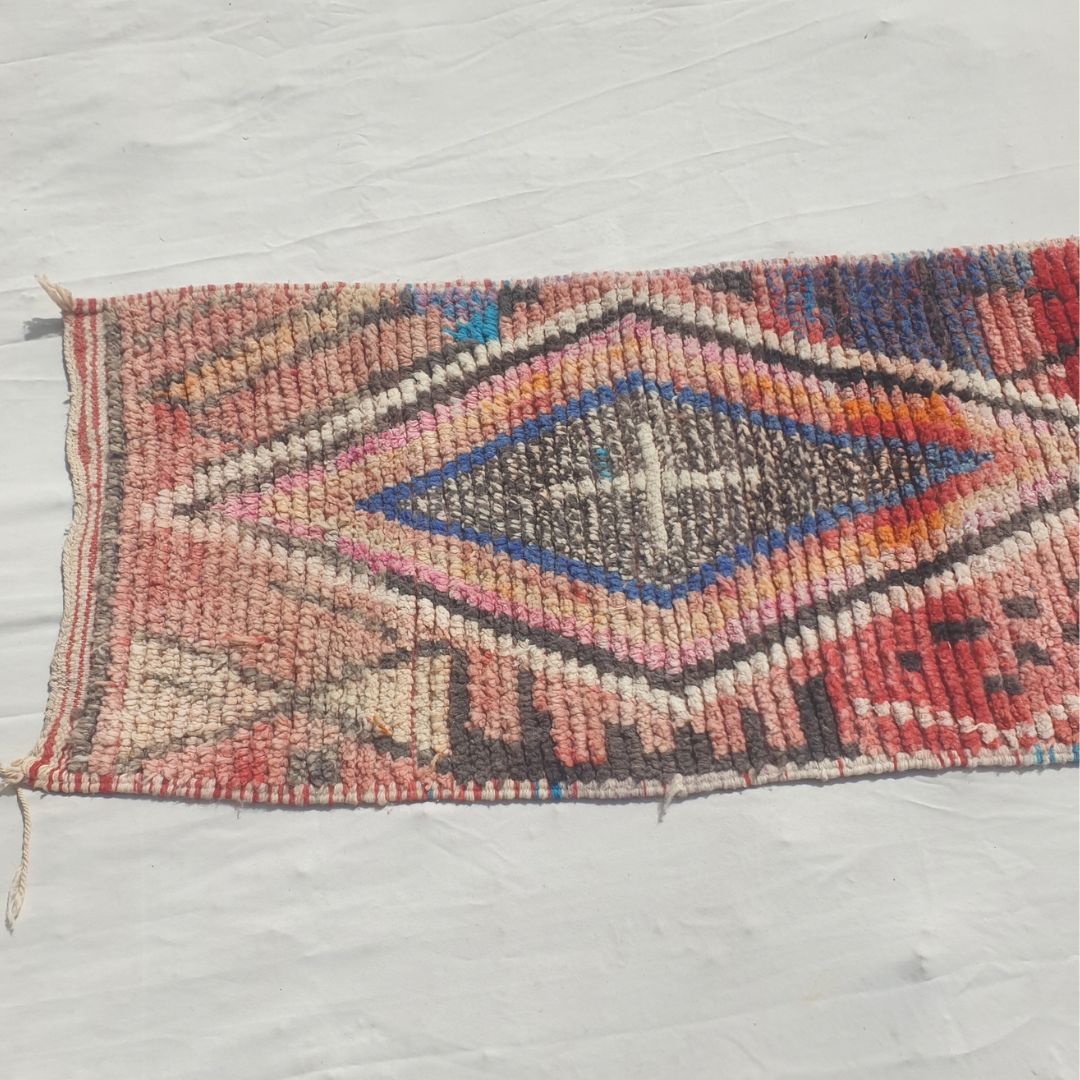Jamasa - Vibrant Red, Turquoise and Pink Moroccan Runner Rug with Large Nested Diamond Medallions - Handwoven Berber Carpet | 2'2"x10'6" Ft | 68x320 cm