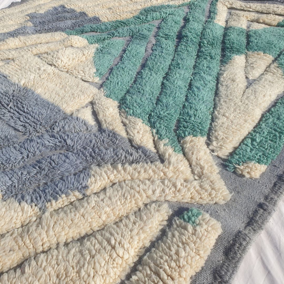 Imitaz - 6x9 Moroccan Rug - Luxurious Beni Mrirt Teal Green Cream Geometric Handwoven Wool Carpet | 6'8"×9'7" Ft | 203×294 cm
