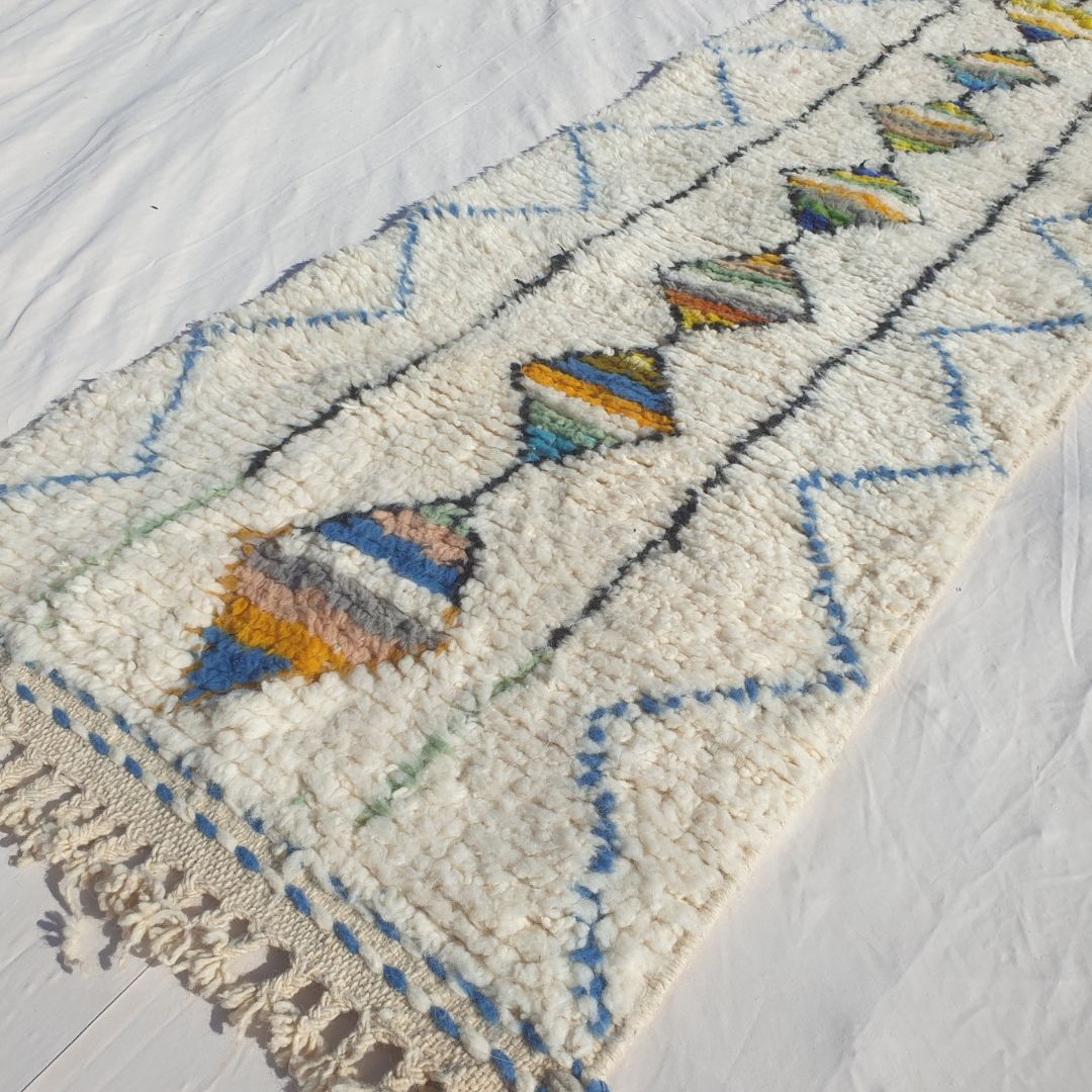 Halat - White Beni Ourain Runner Rug - Multicolor Striped Diamond Column Moroccan Berber Hallway Carpet | 2'5"×9'3" Ft | 75×282 cm