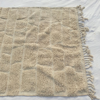 Yabre - Ivory Beni Ourain Rug - Brick Cobblestone Carved Relief Moroccan Berber Carpet | 6'7"x10'3" Ft | 201x314 cm