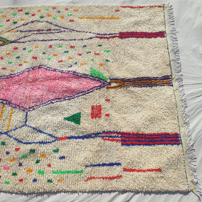 Kafani - 6x9 Moroccan Rug - White Azilal Berber Confetti Pink Diamond Handwoven Wool Carpet | 6'4"×9'3" Ft | 195×282 cm