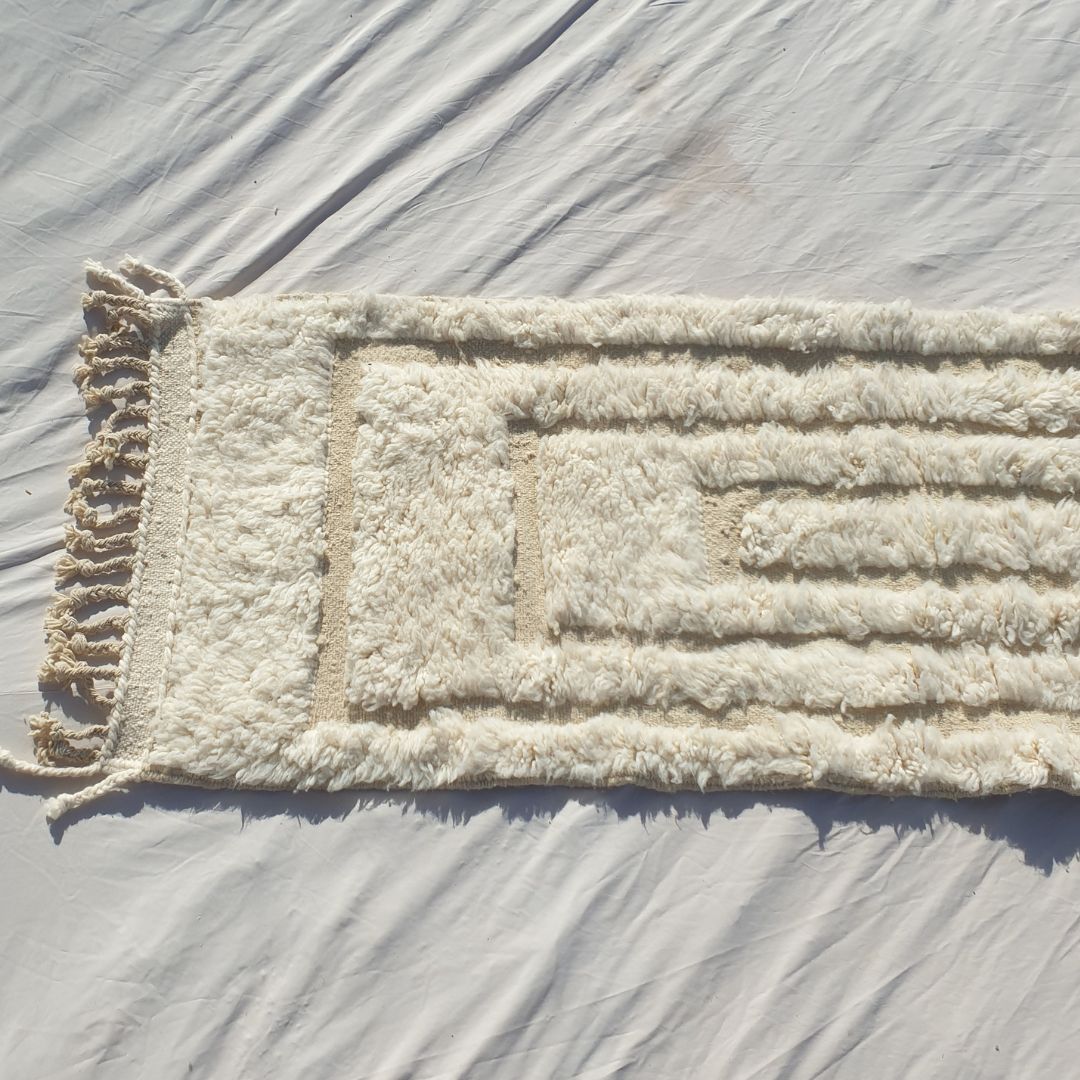 Narmia - White Beni Ourain Runner Rug - Carved Relief Geometric Moroccan Berber Hallway Carpet | 2'5"×9'6" Ft | 74×290 cm