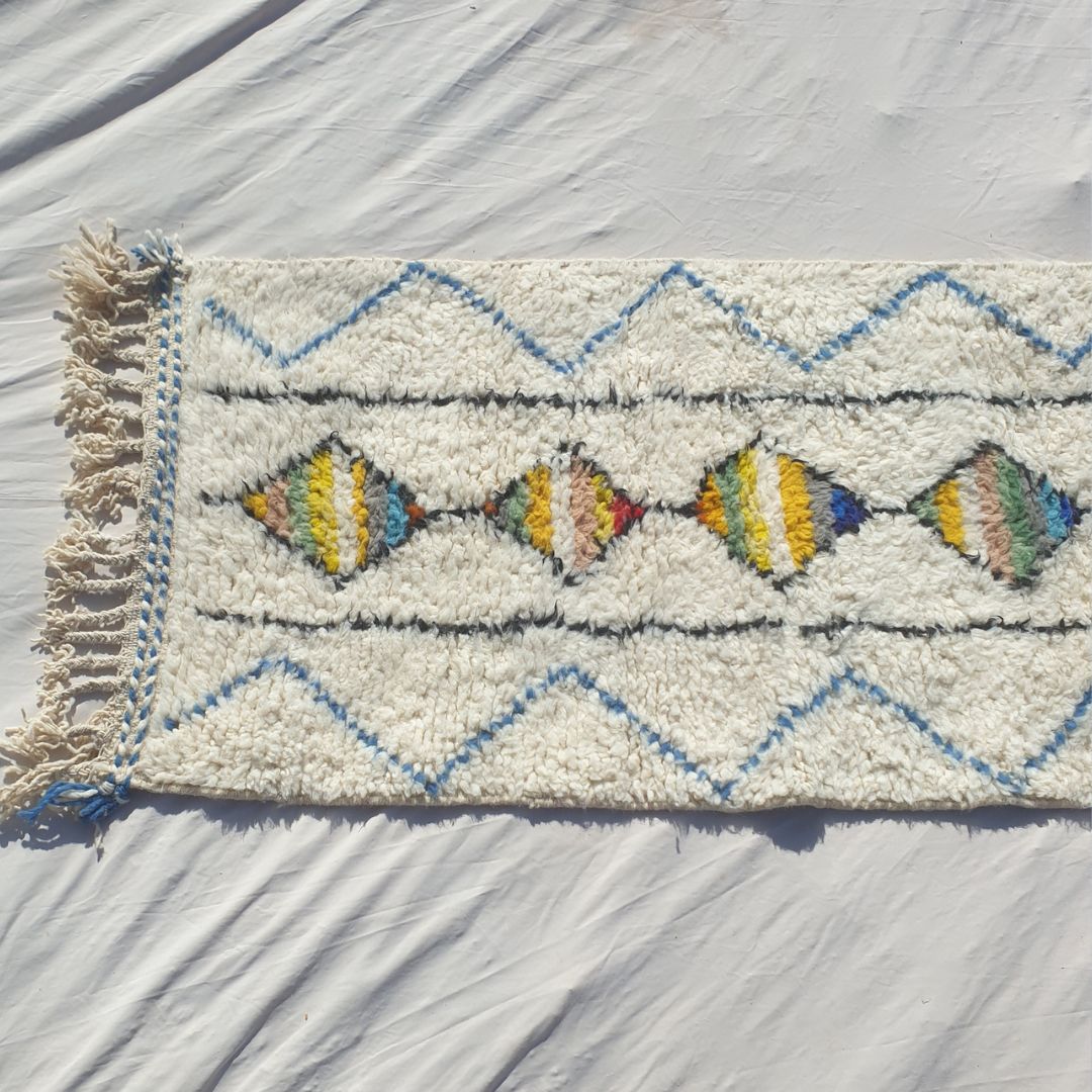 Halat - White Beni Ourain Runner Rug - Multicolor Striped Diamond Column Moroccan Berber Hallway Carpet | 2'5"×9'3" Ft | 75×282 cm