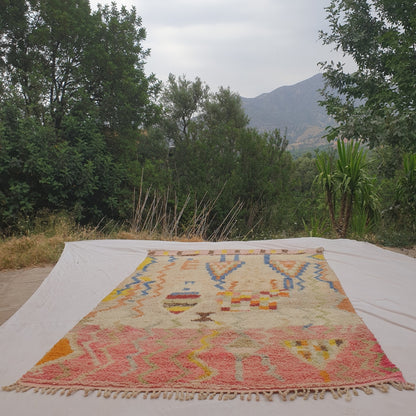 Mafna - Coral & Cream Moroccan Rug with Blue Zigzag Pattern - Handwoven Berber Carpet | 6'3"x10' Ft | 192x307 cm