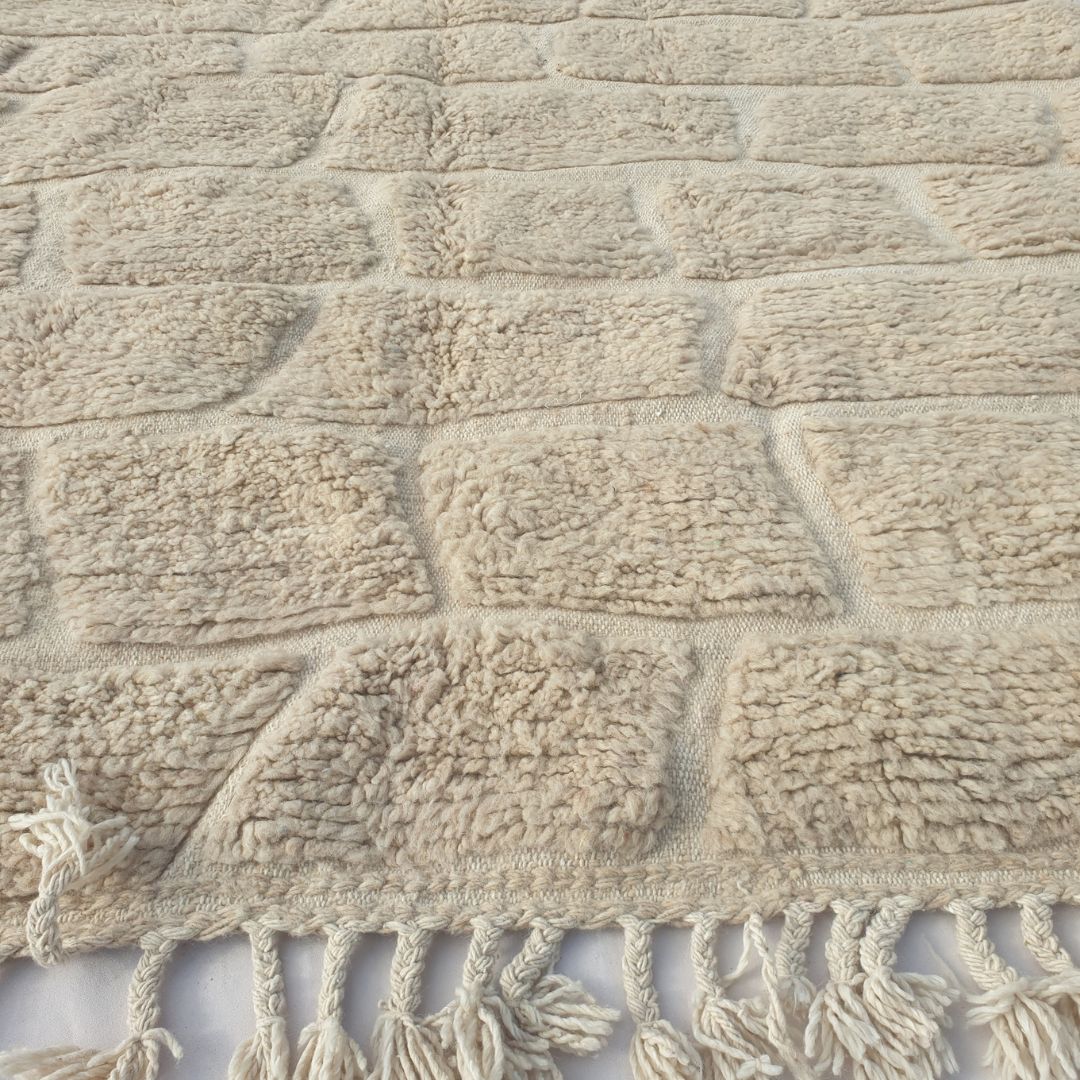 Yabre - Ivory Beni Ourain Rug - Brick Cobblestone Carved Relief Moroccan Berber Carpet | 6'7"x10'3" Ft | 201x314 cm