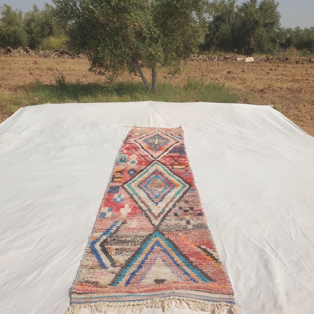 Jamasa - Vibrant Red, Turquoise and Pink Moroccan Runner Rug with Large Nested Diamond Medallions - Handwoven Berber Carpet | 2'2"x10'6" Ft | 68x320 cm