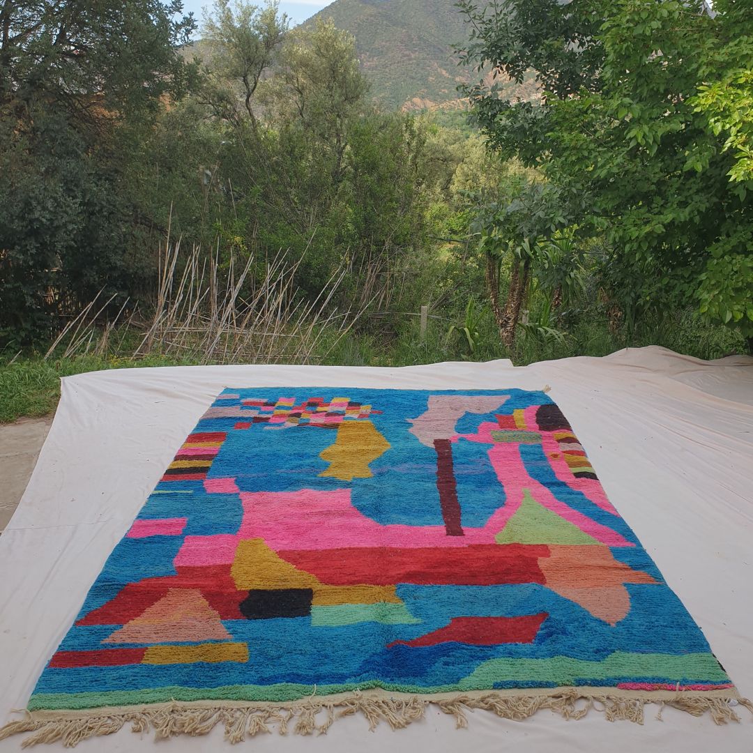 Fincla - Marokkolainen Matto 250x350 - Sähköisen Sininen Värikäs Boujad Berberimatto Käsinsolmittu Villasta | 257×360 cm