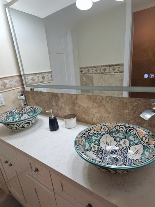 Akaroa - Double Bathroom Sink: Moroccan Handmade, Hand - Painted Joyful Colorful Ceramic Vessel - OunizZ
