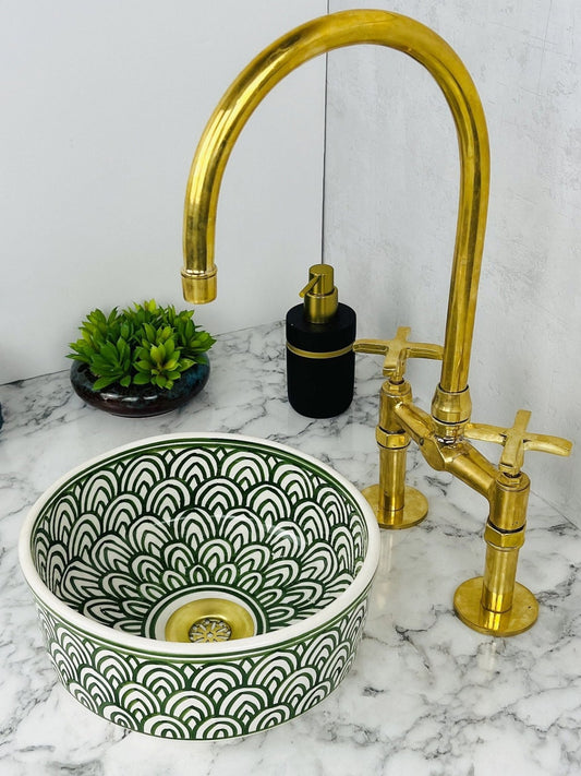 Amman - Moroccan Round Vanity Sink – Handmade Ceramic Bathroom Basin in Green - (ETMMT) - OunizZ