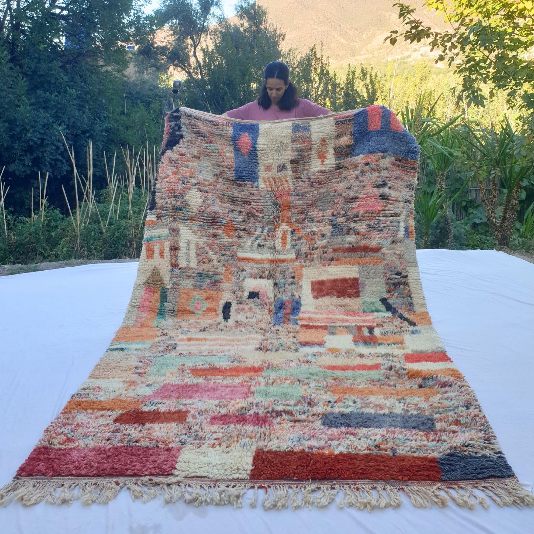 Multicolored abstract Boujad rug 6x10 ft with coral mint pink blue geometric – handwoven Moroccan wool berber area rug