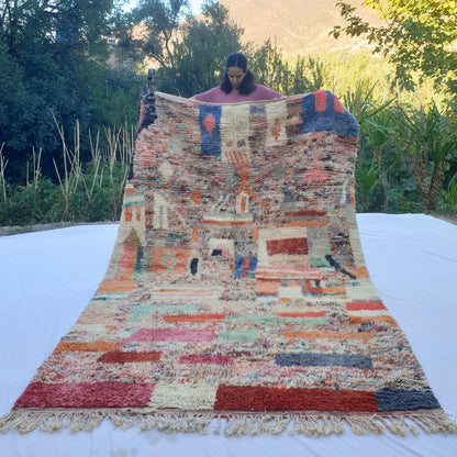 Multicolored abstract Boujad rug 6x10 ft with coral mint pink blue geometric – handwoven Moroccan wool berber area rug