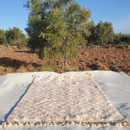 Baghta | White & Pink Checkered 6x9 Moroccan Rug Soft Beni Ourain | Berber Handmade Wool Carpet | 6'52x9'64 Ft | 199x294 cm - OunizZ