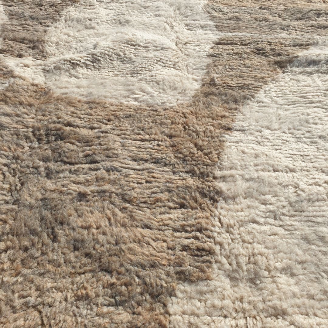 Bagina | 7x10 Beni Ourain Moroccan Rug - Soft Ivory Plush Shag with Brown Geometric Blocks Wool Berber Carpet | 7'5"x10'3" Ft | 226x312 cm - OunizZ