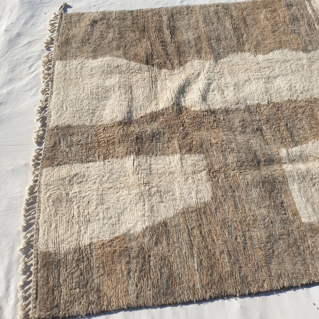 Large overlapping brown beige geometric blocks and panels on ivory field of authentic Beni Ourain Moroccan wool rug