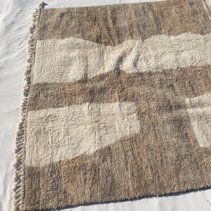 Large overlapping brown beige geometric blocks and panels on ivory field of authentic Beni Ourain Moroccan wool rug