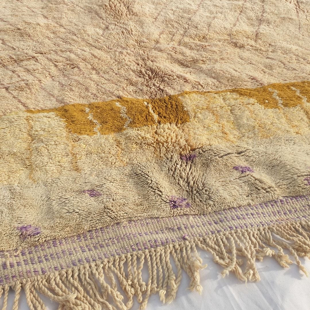 Belada | Handmade Beni Mrirt Rug 8x10 ft – Plush Nude Pink Yellow Purple Abstract Geometric Moroccan Shag Wool Rug | 8'5"x10'1" ft | 258x308 cm - OunizZ