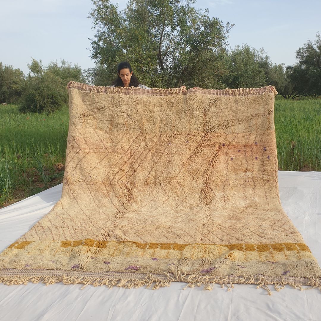 Handwoven 8x10 Beni Mrirt Moroccan rug featuring abstract geometric patterns in pale nude pink, yellow, and purple accents on creamy field held outdoors