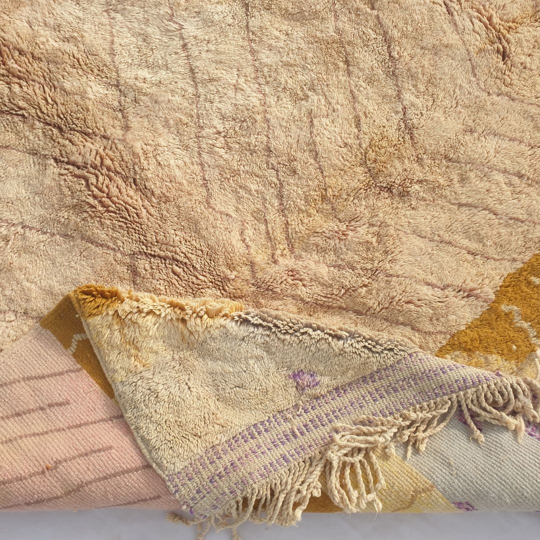 Belada | Handmade Beni Mrirt Rug 8x10 ft – Plush Nude Pink Yellow Purple Abstract Geometric Moroccan Shag Wool Rug | 8'5"x10'1" ft | 258x308 cm - OunizZ