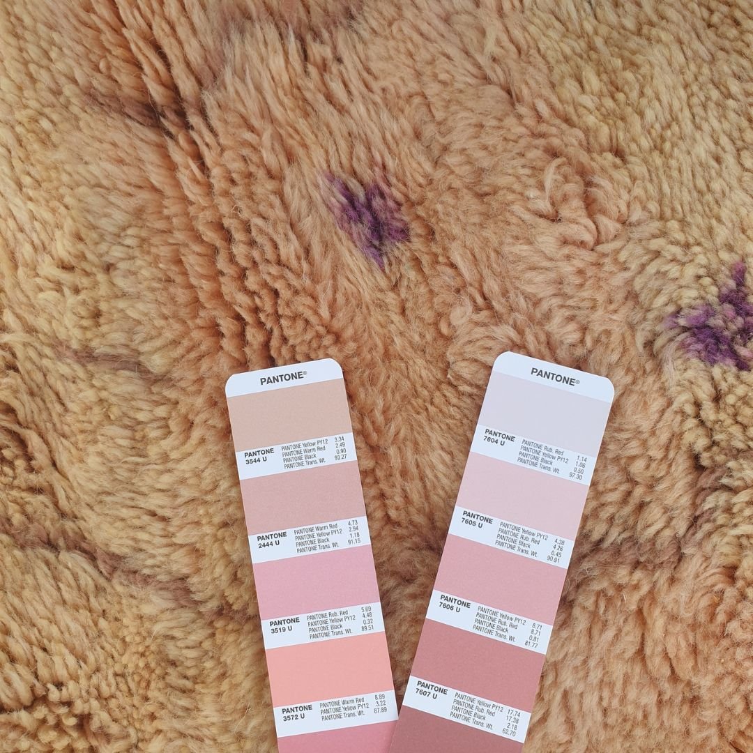 Belada | Handmade Beni Mrirt Rug 8x10 ft – Plush Nude Pink Yellow Purple Abstract Geometric Moroccan Shag Wool Rug | 8'5"x10'1" ft | 258x308 cm - OunizZ