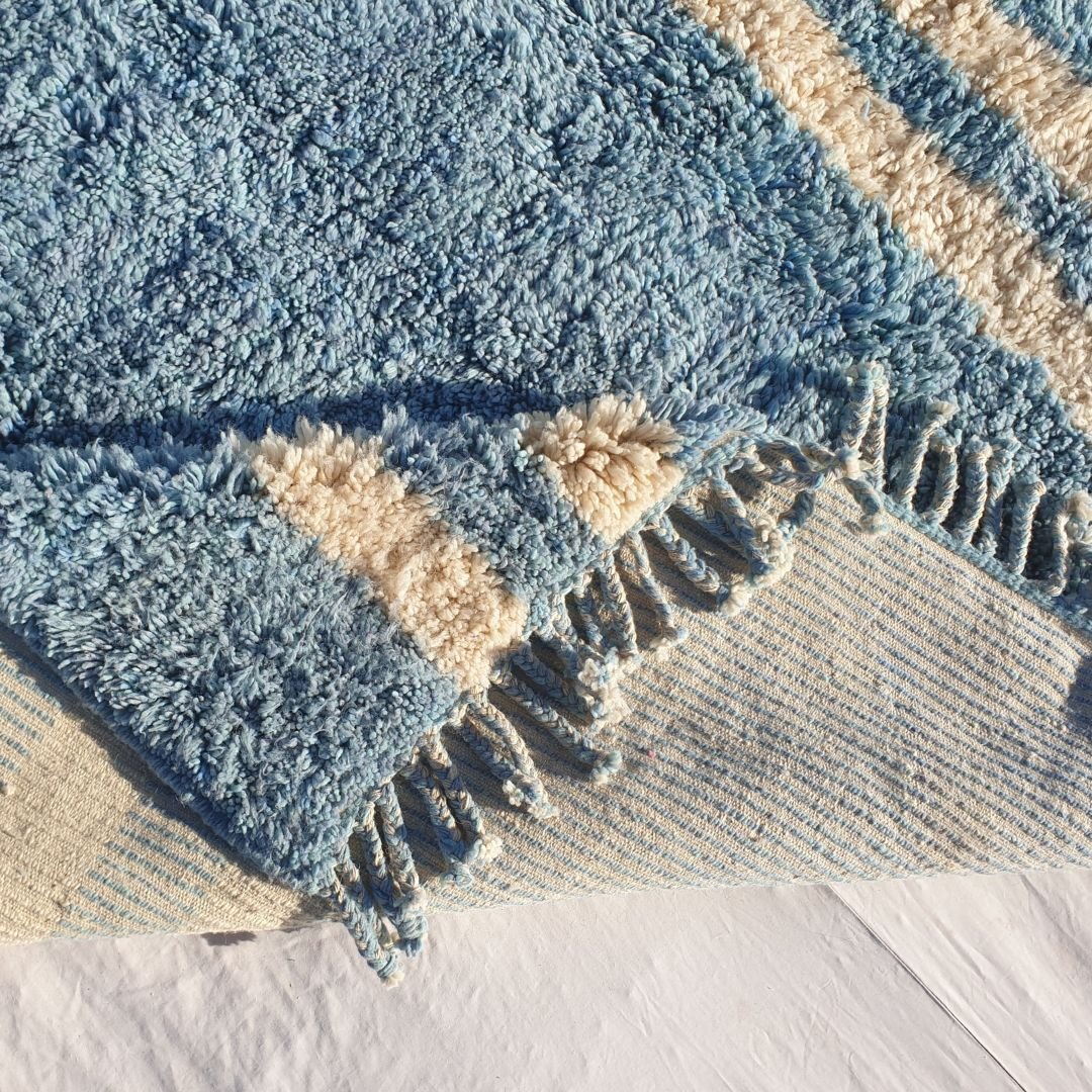 Bermuda - Sky Blue 6x10 Moroccan Rug Beni Mrirt Luxurious Ultra Soft & Thick | Berber Handmade Wool Carpet | 6'75x10'14 Ft | 206x309 cm - OunizZ