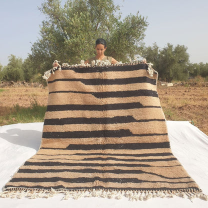 Bolka - 6x8 Bold Striped Beni Ourain Rug in Black and Tan - Handwoven Berber Carpet | 6'2"x8' Ft | 190x242 cm - OunizZ