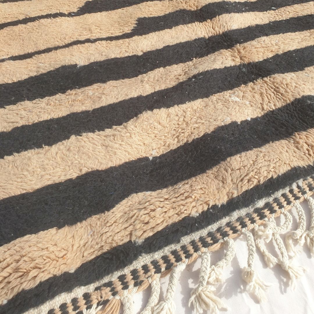 Bolka - 6x8 Bold Striped Beni Ourain Rug in Black and Tan - Handwoven Berber Carpet | 6'2"x8' Ft | 190x242 cm - OunizZ
