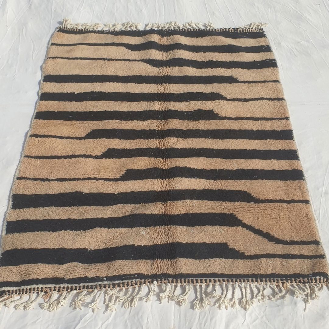 Bolka - 6x8 Bold Striped Beni Ourain Rug in Black and Tan - Handwoven Berber Carpet | 6'2"x8' Ft | 190x242 cm - OunizZ