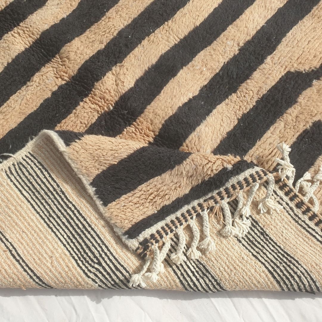 Bolka - 6x8 Bold Striped Beni Ourain Rug in Black and Tan - Handwoven Berber Carpet | 6'2"x8' Ft | 190x242 cm - OunizZ