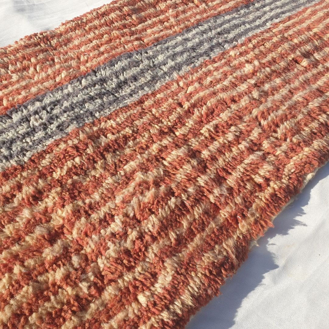 Canza | Handmade Beni Mrirt Runner Rug 2x12 ft – Plush Terracotta Orange Abstract Striped Moroccan Wool Hallway Runner | 2'6"x12'3" Ft | 77x373 cm - OunizZ