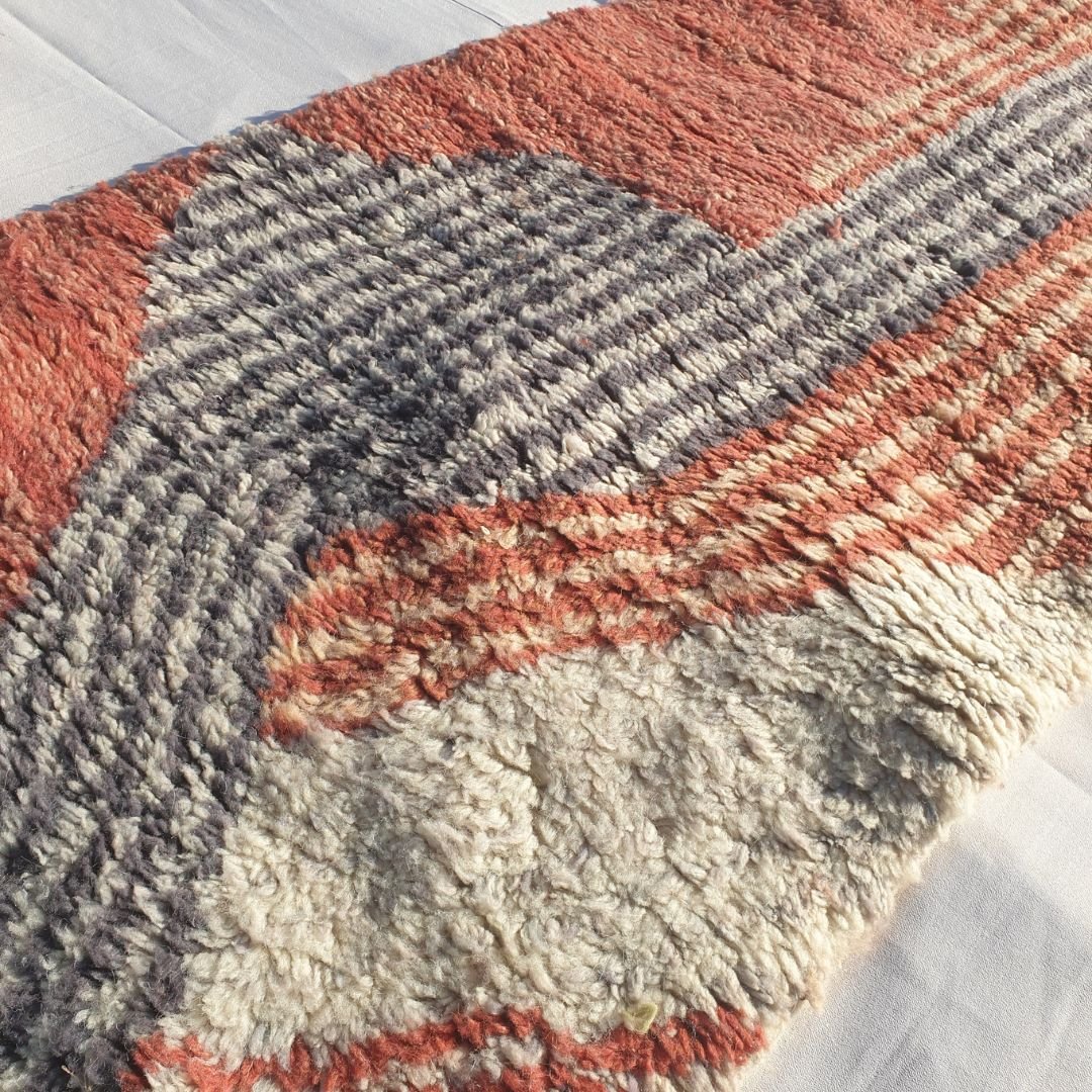 Canza | Handmade Beni Mrirt Runner Rug 2x12 ft – Plush Terracotta Orange Abstract Striped Moroccan Wool Hallway Runner | 2'6"x12'3" Ft | 77x373 cm - OunizZ