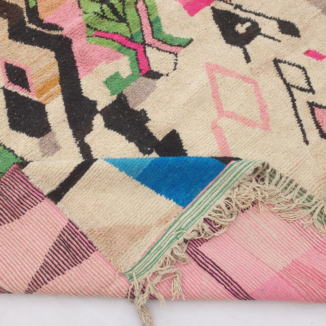 Chacla - 8x12 Moroccan Rug - Cream Pink Green Boujad Berber Handwoven Wool Carpet | 8'6"×11'9" Ft | 259×359 cm - OunizZ