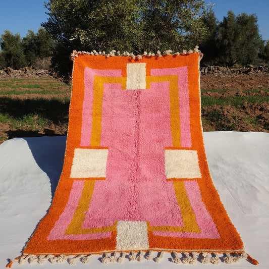 Chalata | Pink & Orange Moroccan Rug Authentic Soft Beni Ourain | 4'72x8'10 Ft | 144x247 cm - OunizZ