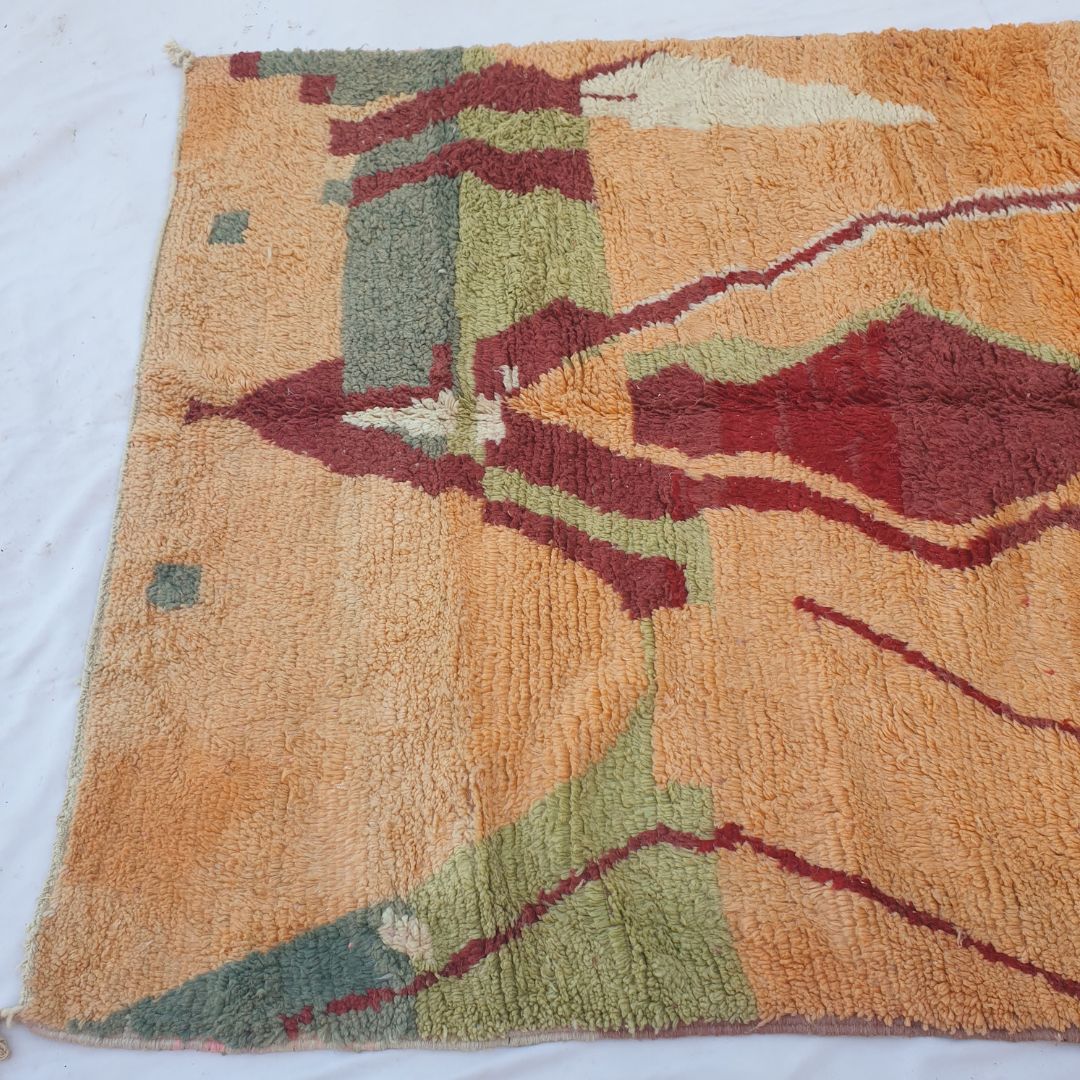 Claha – 6x10 Moroccan Rug – Peach Orange Boujad Berber Handwoven Wool Carpet with Burgundy Abstract Figure & Hot Pink | 6'2"x10' Ft | 189x306 cm - OunizZ