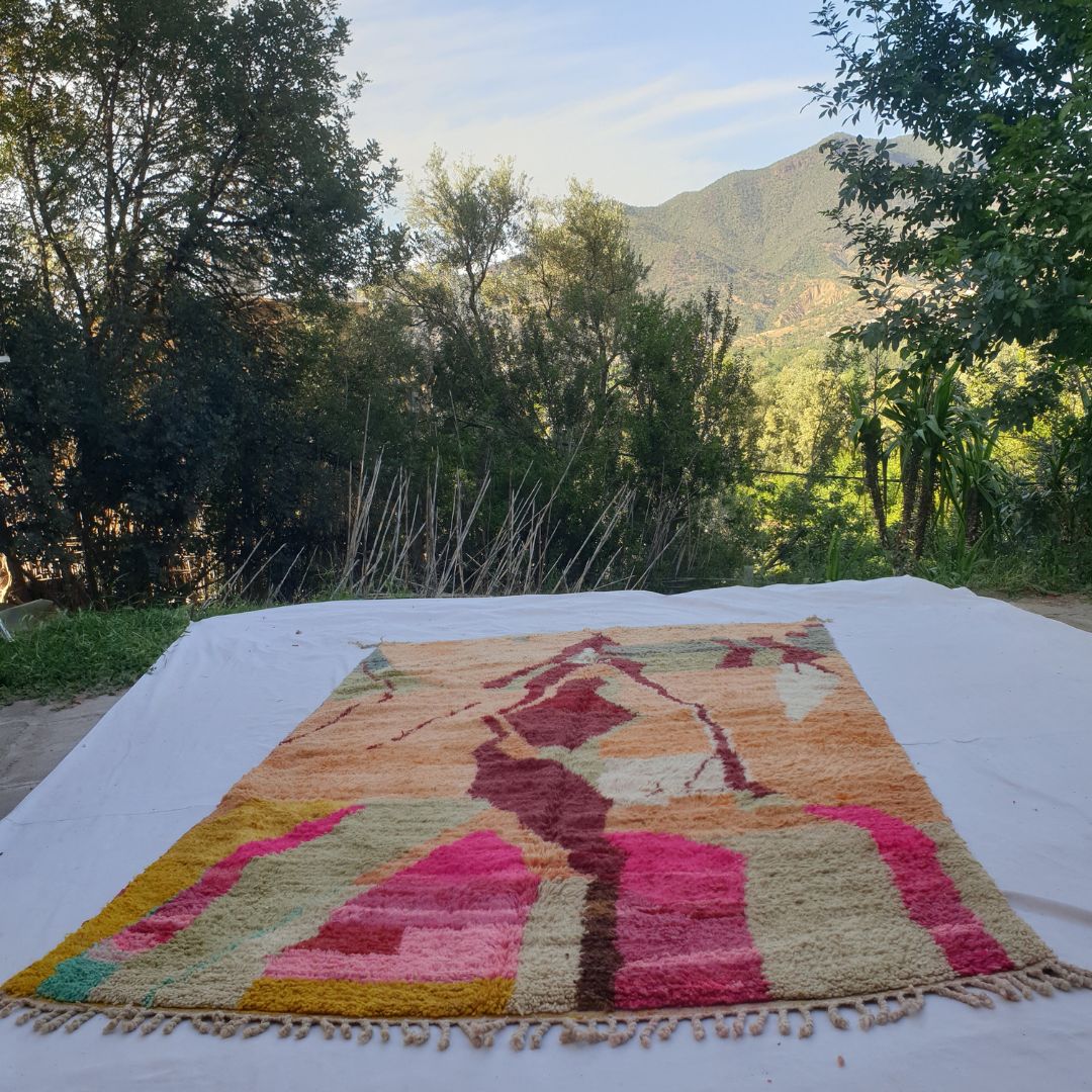 Claha – 6x10 Moroccan Rug – Peach Orange Boujad Berber Handwoven Wool Carpet with Burgundy Abstract Figure & Hot Pink | 6'2"x10' Ft | 189x306 cm - OunizZ