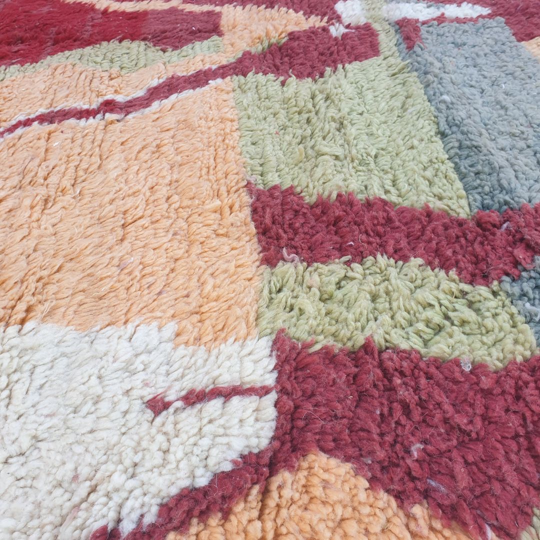 Claha – 6x10 Moroccan Rug – Peach Orange Boujad Berber Handwoven Wool Carpet with Burgundy Abstract Figure & Hot Pink | 6'2"x10' Ft | 189x306 cm - OunizZ