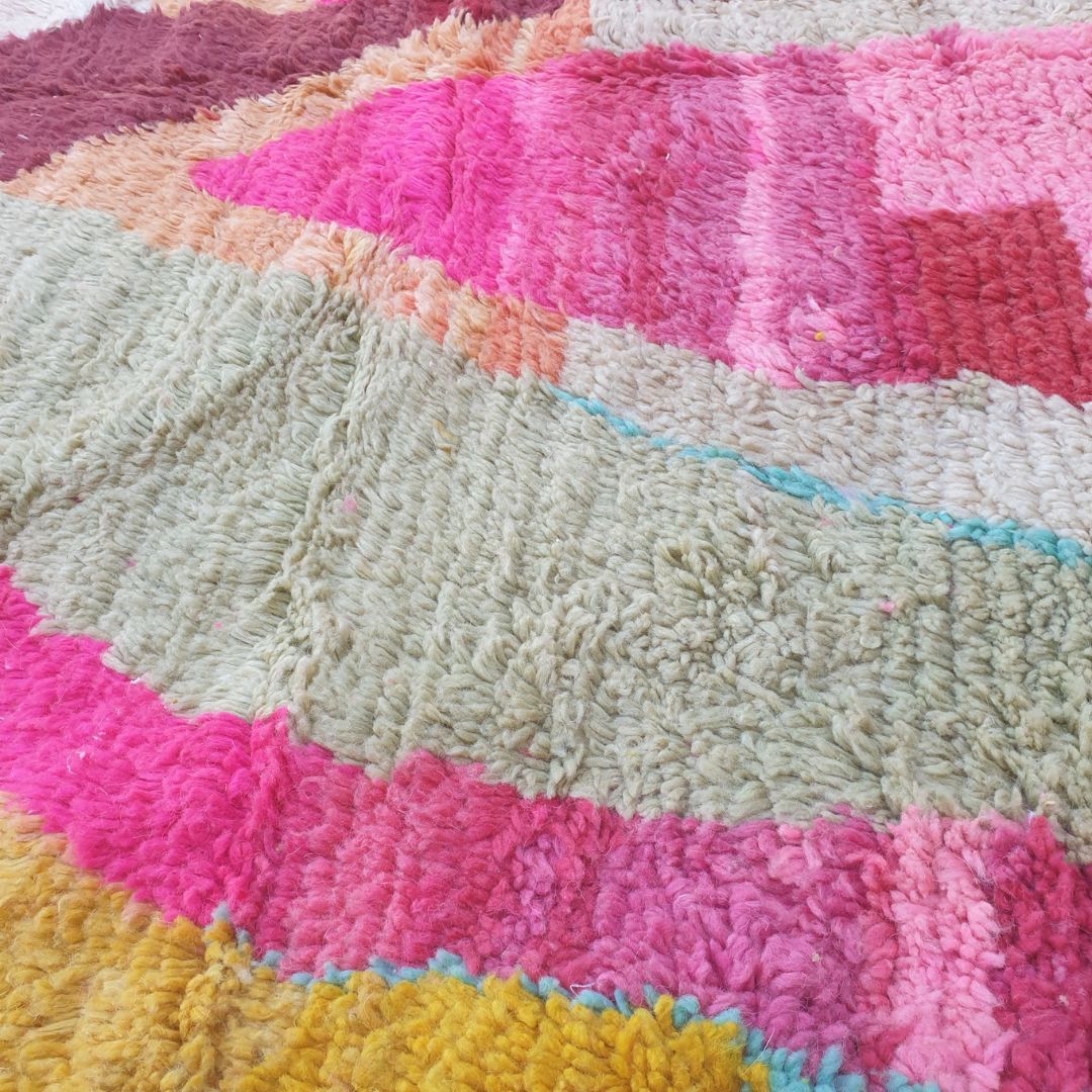 Claha – 6x10 Moroccan Rug – Peach Orange Boujad Berber Handwoven Wool Carpet with Burgundy Abstract Figure & Hot Pink | 6'2"x10' Ft | 189x306 cm - OunizZ