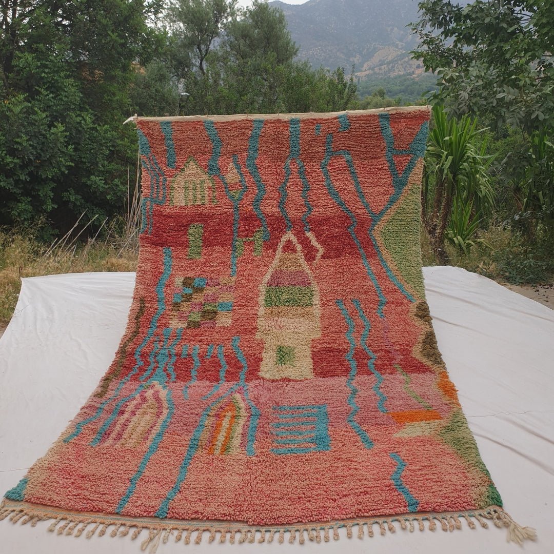 Conha - Turquoise & Coral Moroccan Rug with Wavy Line and Arch Design - Handwoven Berber Carpet | 6'2"x10'2" Ft | 190x310 cm - OunizZ