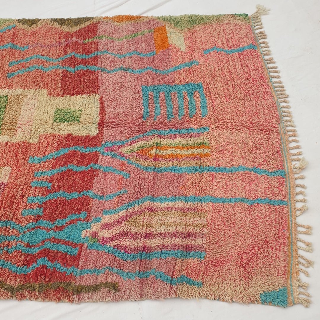 Conha - Turquoise & Coral Moroccan Rug with Wavy Line and Arch Design - Handwoven Berber Carpet | 6'2"x10'2" Ft | 190x310 cm - OunizZ