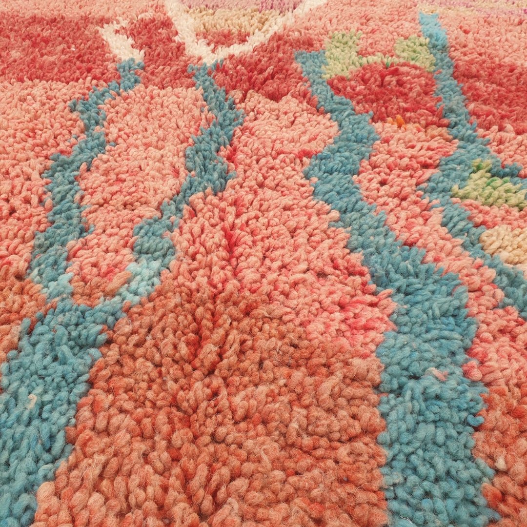 Conha - Turquoise & Coral Moroccan Rug with Wavy Line and Arch Design - Handwoven Berber Carpet | 6'2"x10'2" Ft | 190x310 cm - OunizZ