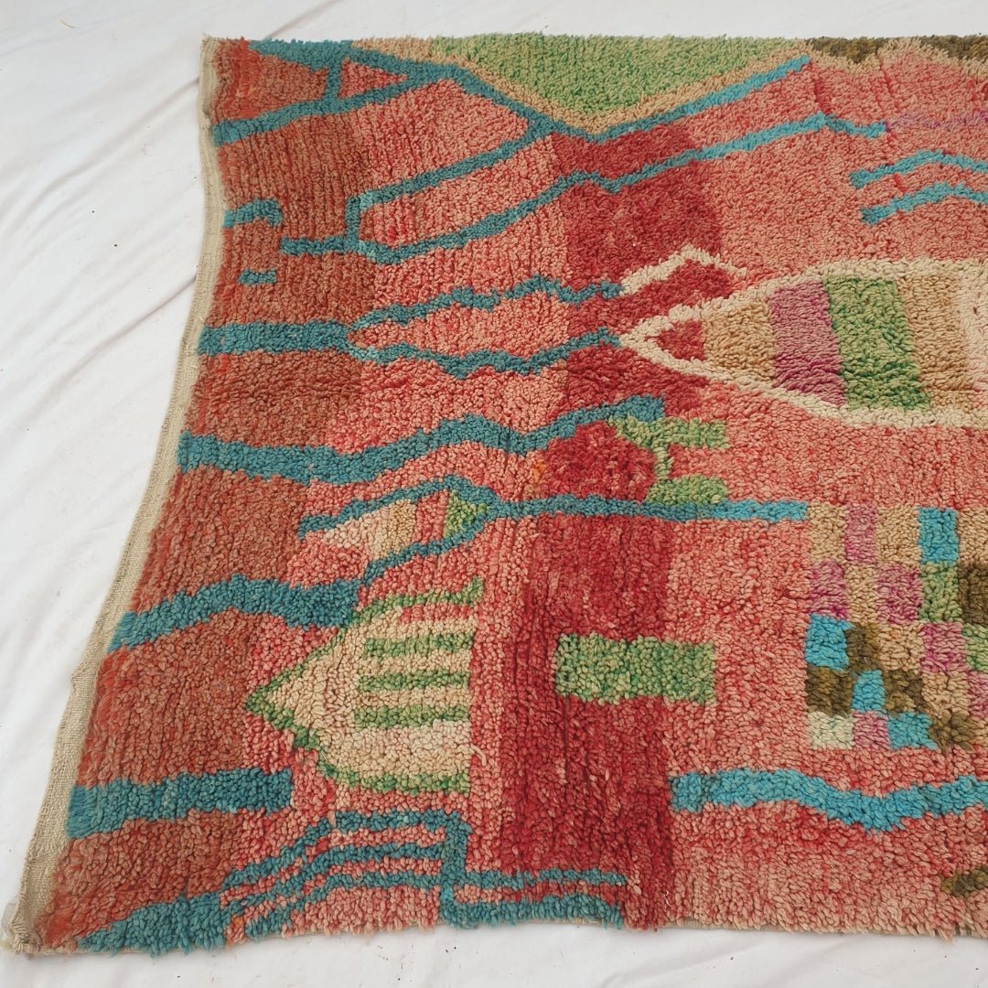 Conha - Turquoise & Coral Moroccan Rug with Wavy Line and Arch Design - Handwoven Berber Carpet | 6'2"x10'2" Ft | 190x310 cm - OunizZ