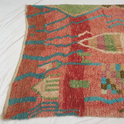 Conha - Turquoise & Coral Moroccan Rug with Wavy Line and Arch Design - Handwoven Berber Carpet | 6'2"x10'2" Ft | 190x310 cm - OunizZ