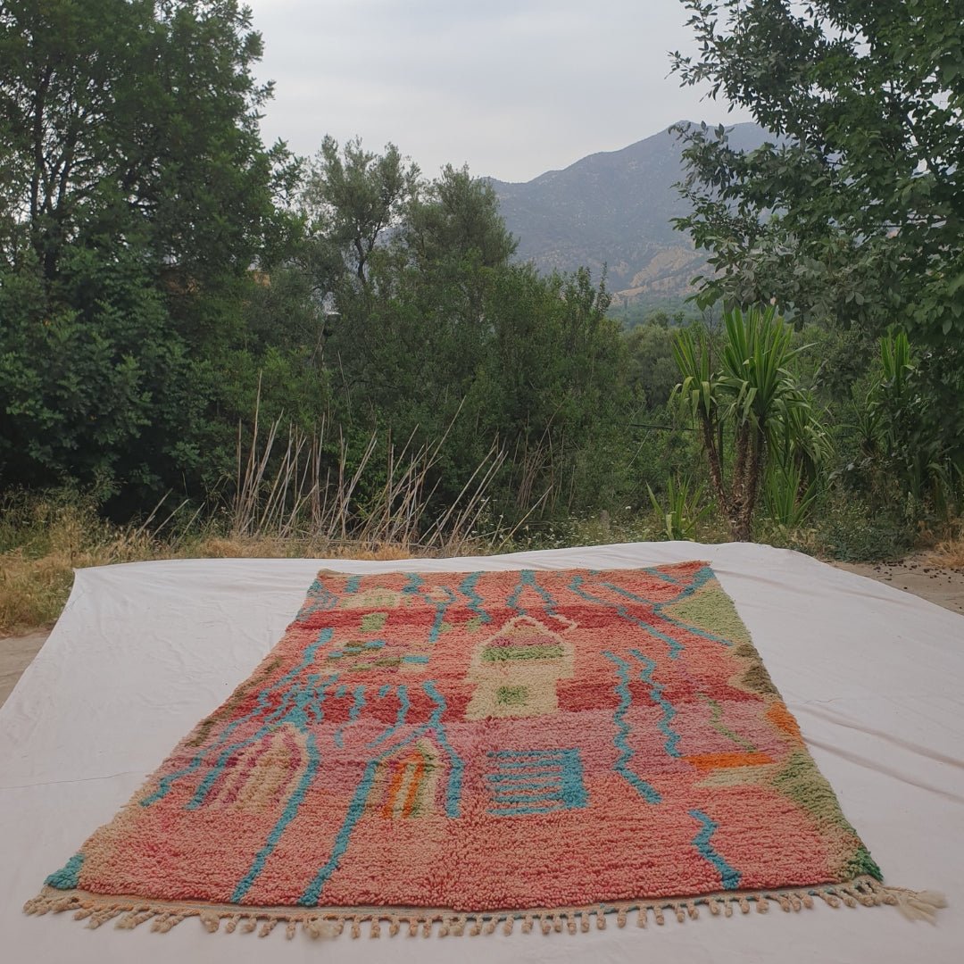 Conha - Turquoise & Coral Moroccan Rug with Wavy Line and Arch Design - Handwoven Berber Carpet | 6'2"x10'2" Ft | 190x310 cm - OunizZ