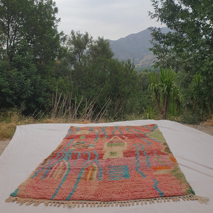 Conha - Turquoise & Coral Moroccan Rug with Wavy Line and Arch Design - Handwoven Berber Carpet | 6'2"x10'2" Ft | 190x310 cm - OunizZ