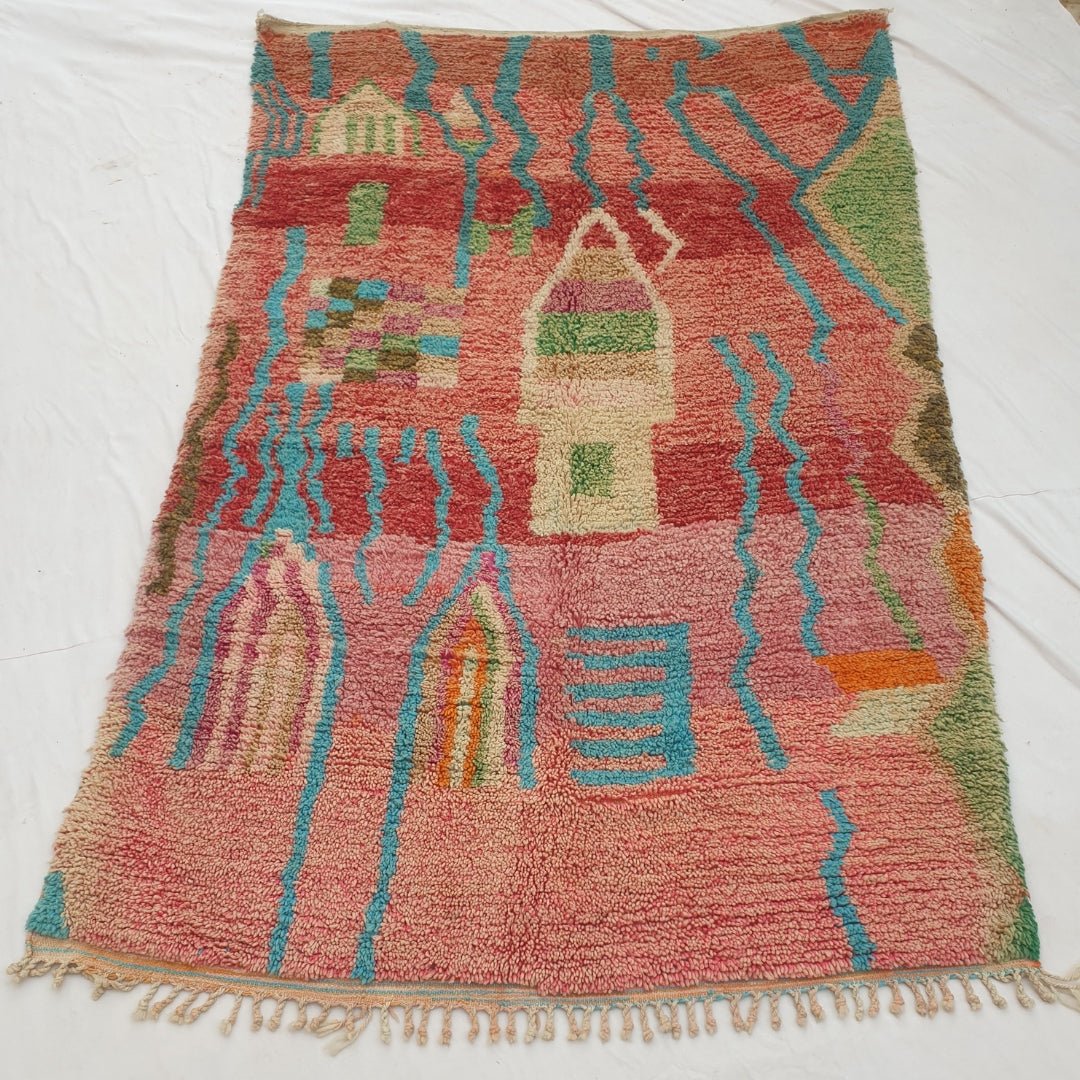 Conha - Turquoise & Coral Moroccan Rug with Wavy Line and Arch Design - Handwoven Berber Carpet | 6'2"x10'2" Ft | 190x310 cm - OunizZ