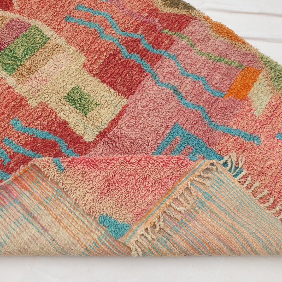 Conha - Turquoise & Coral Moroccan Rug with Wavy Line and Arch Design - Handwoven Berber Carpet | 6'2"x10'2" Ft | 190x310 cm - OunizZ