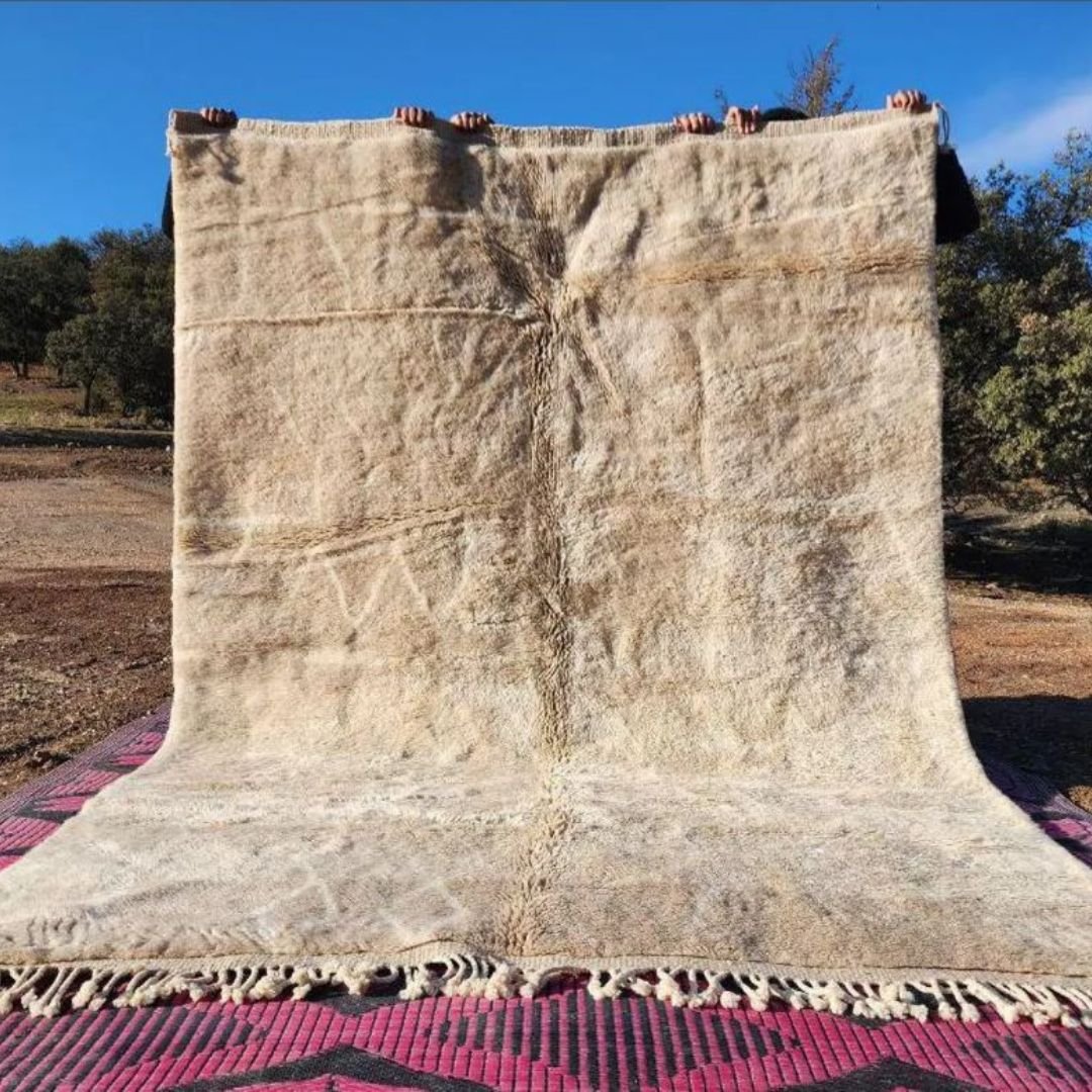 Customized Ziana | Beni Mrirt Moroccan Rug 10'x10' ft - Soft Beige Plush Shag Wool Berber Carpet - OunizZ
